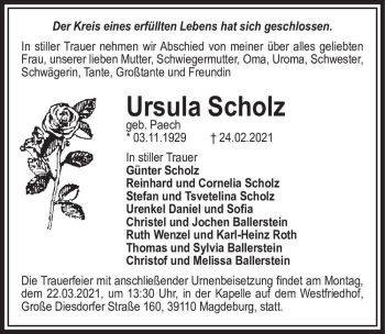 Traueranzeige von Ursula Scholz (geb. Paech)  von Magdeburger Volksstimme