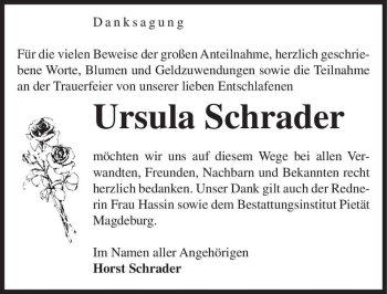 Traueranzeige von Ursula Schrader  von Magdeburger Volksstimme