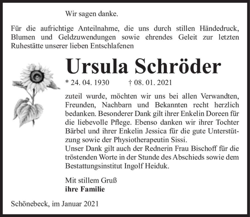  Traueranzeige für Ursula Schröder  vom 06.02.2021 aus Magdeburger Volksstimme