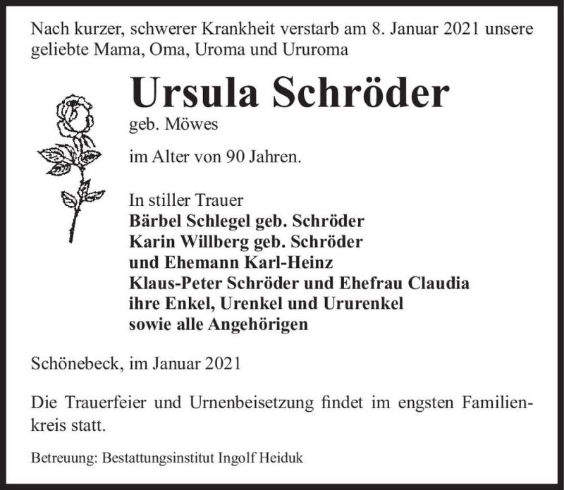  Traueranzeige für Ursula Schröder (geb. Möwes)  vom 16.01.2021 aus Magdeburger Volksstimme