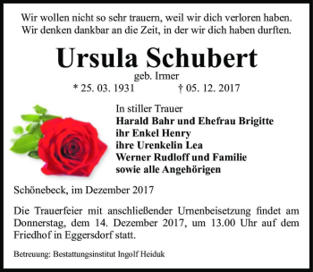 Traueranzeige von Ursula Schubert (geb. Irmer)  von Magdeburger Volksstimme