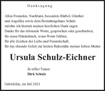 Traueranzeige von Ursula Schulz-Eichner  von Magdeburger Volksstimme