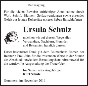 Traueranzeige von Ursula Schulz  von Magdeburger Volksstimme