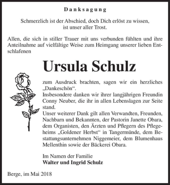 Traueranzeige von Ursula Schulz  von Magdeburger Volksstimme