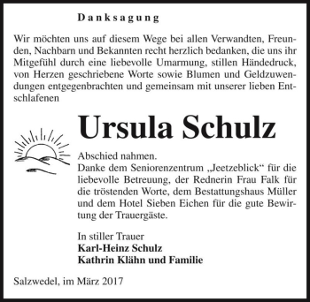 Traueranzeige von Ursula Schulz  von Magdeburger Volksstimme