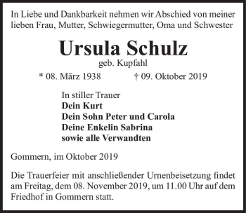 Traueranzeige von Ursula Schulz (geb. Kupfahl)  von Magdeburger Volksstimme