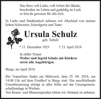 Traueranzeige von Ursula Schulz (geb. Schulz)  von Magdeburger Volksstimme