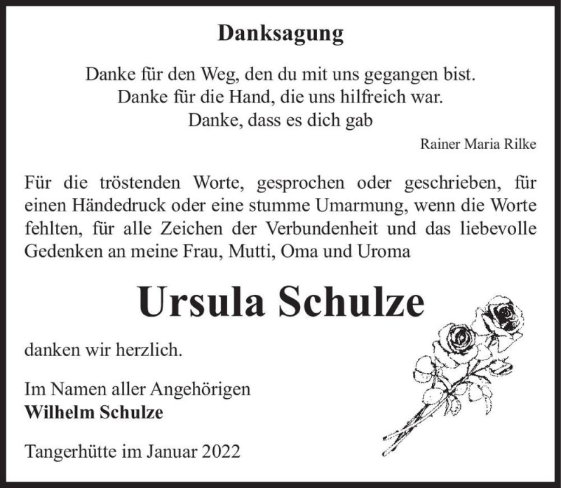  Traueranzeige für Ursula Schulze  vom 15.01.2022 aus Magdeburger Volksstimme