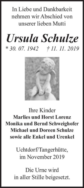Traueranzeige von Ursula Schulze  von Magdeburger Volksstimme