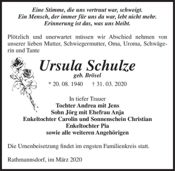 Traueranzeige von Ursula Schulze (geb. Brösel)  von Magdeburger Volksstimme