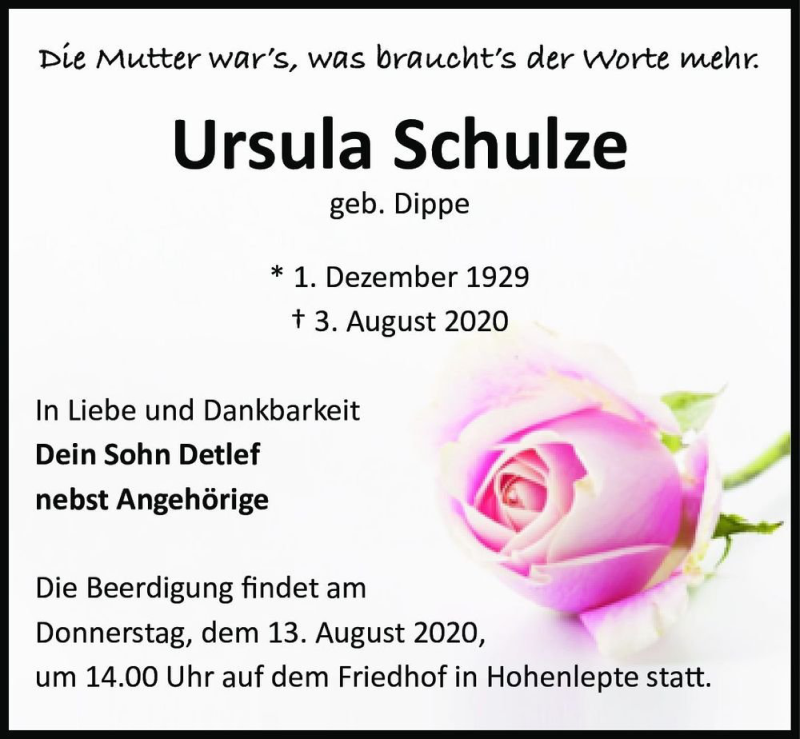  Traueranzeige für Ursula Schulze (geb. Dippe)  vom 08.08.2020 aus Magdeburger Volksstimme