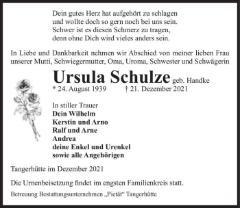Traueranzeige von Ursula Schulze (geb. Handke)  von Magdeburger Volksstimme