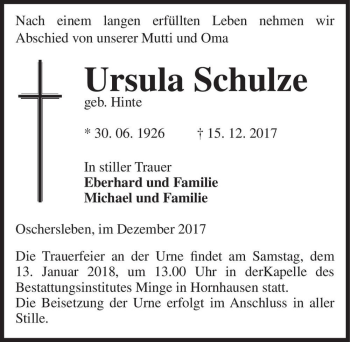 Traueranzeige von Ursula Schulze (geb. Hinte)  von Magdeburger Volksstimme