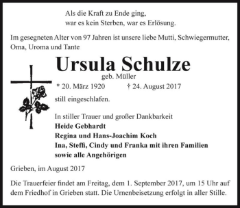 Traueranzeige von Ursula Schulze (geb. Müller)  von Magdeburger Volksstimme