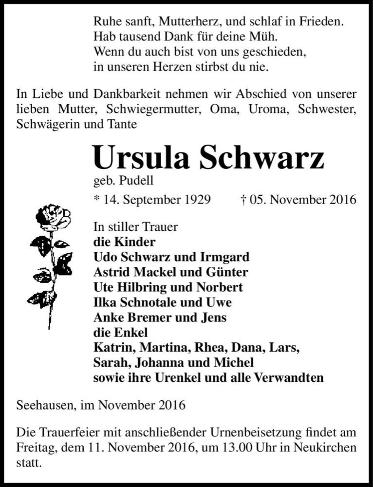  Traueranzeige für Ursula Schwarz (geb. Pudell)  vom 08.11.2016 aus Magdeburger Volksstimme
