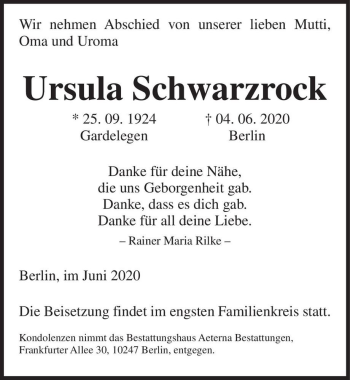 Traueranzeige von Ursula Schwarzrock  von Magdeburger Volksstimme