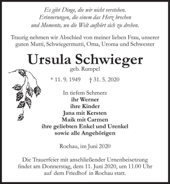 Traueranzeige von Ursula Schwieger (geb. Rumpel)  von Magdeburger Volksstimme