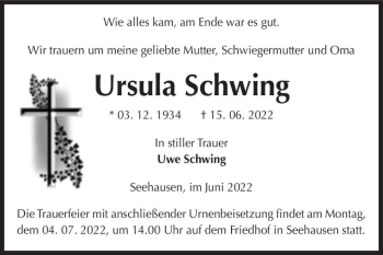 Traueranzeige von Ursula Schwing  von Magdeburger Volksstimme