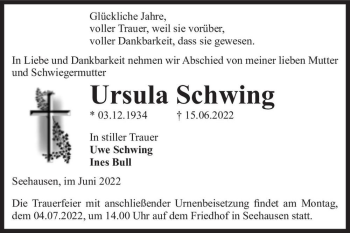 Traueranzeige von Ursula Schwing  von Magdeburger Volksstimme