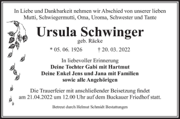 Traueranzeige von Ursula Schwinger (geb. Räcke)  von Magdeburger Volksstimme
