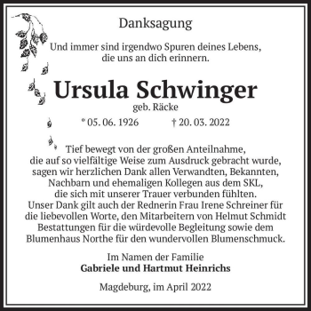 Traueranzeige von Ursula Schwinger (geb. Räcke)  von Magdeburger Volksstimme