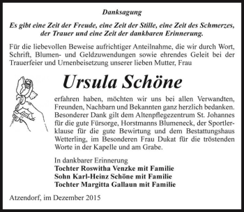 Traueranzeige von Ursula Schöne  von Magdeburger Volksstimme