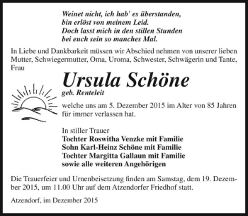 Traueranzeige von Ursula Schöne (geb. Renteleit)  von Magdeburger Volksstimme