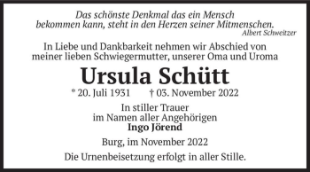 Traueranzeige von Ursula Schütt  von Magdeburger Volksstimme