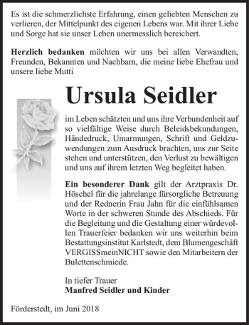 Traueranzeige von Ursula Seidler  von Magdeburger Volksstimme