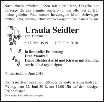 Traueranzeige von Ursula Seidler (geb. Herrmann)  von Magdeburger Volksstimme