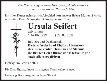 Traueranzeige von Ursula Seifert (geb. Blume)  von Magdeburger Volksstimme