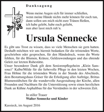 Traueranzeige von Ursula Sennecke  von Magdeburger Volksstimme