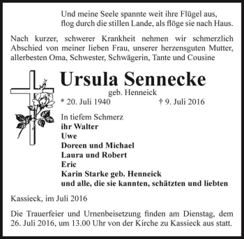 Traueranzeige von Ursula Sennecke (geb. Henneick)  von Magdeburger Volksstimme
