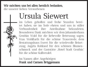 Traueranzeige von Ursula Siewert  von Magdeburger Volksstimme