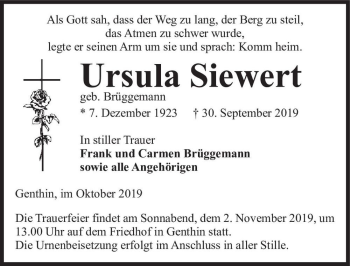Traueranzeige von Ursula Siewert (geb. Brüggemann)  von Magdeburger Volksstimme