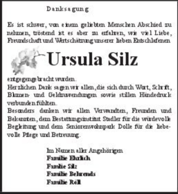 Traueranzeige von Ursula Silz  von Magdeburger Volksstimme