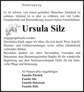 Traueranzeige von Ursula Silz  von Magdeburger Volksstimme
