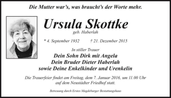 Traueranzeige von Ursula Skottke (geb. Haberlah)  von Magdeburger Volksstimme