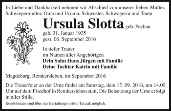 Traueranzeige von Ursula Slotta (geb. Pechau)  von Magdeburger Volksstimme