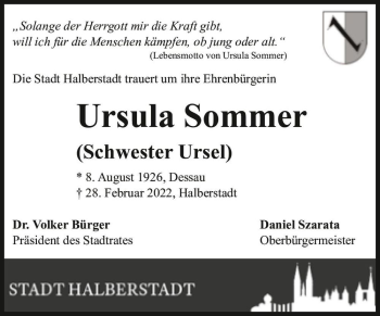 Traueranzeige von Ursula Sommer (Schwester Ursel)  von Magdeburger Volksstimme