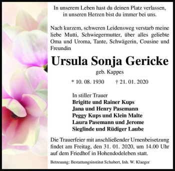 Traueranzeige von Ursula Sonja Gericke (geb. Kappes)  von Magdeburger Volksstimme