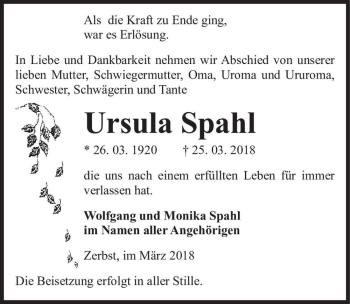 Traueranzeige von Ursula Spahl  von Magdeburger Volksstimme