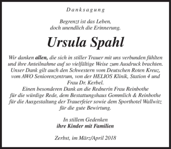 Traueranzeige von Ursula Spahl  von Magdeburger Volksstimme