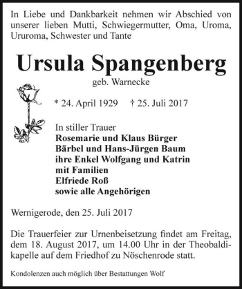 Traueranzeige von Ursula Spangenberg (geb. Warnecke)  von Magdeburger Volksstimme