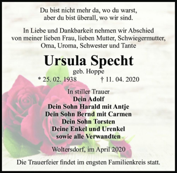 Traueranzeige von Ursula Specht (geb. Hoppe)  von Magdeburger Volksstimme