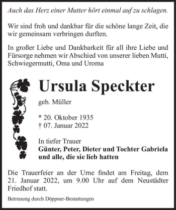 Traueranzeige von Ursula Speckter (geb. Müller)  von Magdeburger Volksstimme