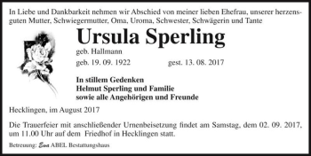 Traueranzeige von Ursula Sperling (geb. Hallmann)  von Magdeburger Volksstimme