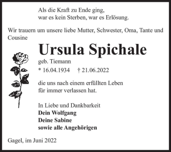 Traueranzeige von Ursula Spichale (geb. Tiemann)  von Magdeburger Volksstimme