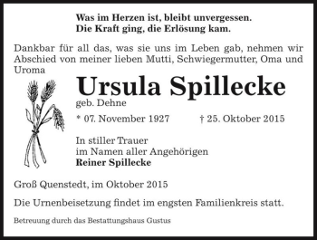 Traueranzeige von Ursula Spillecke (geb. Dehne)  von Magdeburger Volksstimme