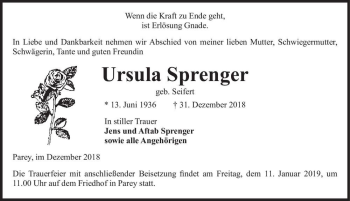 Traueranzeige von Ursula Sprenger (geb. Seifert)  von Magdeburger Volksstimme